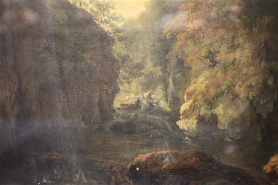 Attributed to William Ashford (1746-1824) Figures overlooking a rocky gorge 18 x 25in.